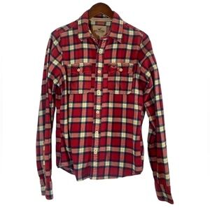 Hollister Boys Red Flannel Plaid Shirt Size Medium Chest Pockets Gorpcore Casual